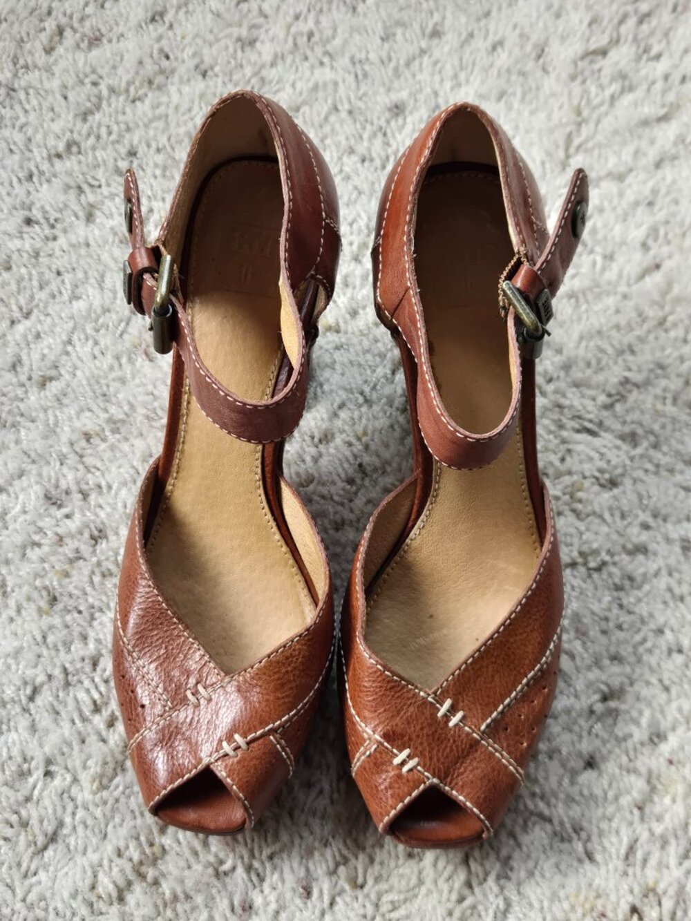 Frye Agatha Tan Leather Peep Toe Heels Sandals Ankle Strap Women's US Size 7.5M